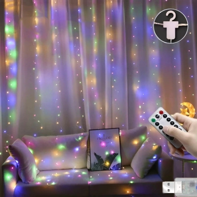 Гирлянда штора 3х2 м. цветная с пультом и крепёжными крючками, светодиодная, разноцветная